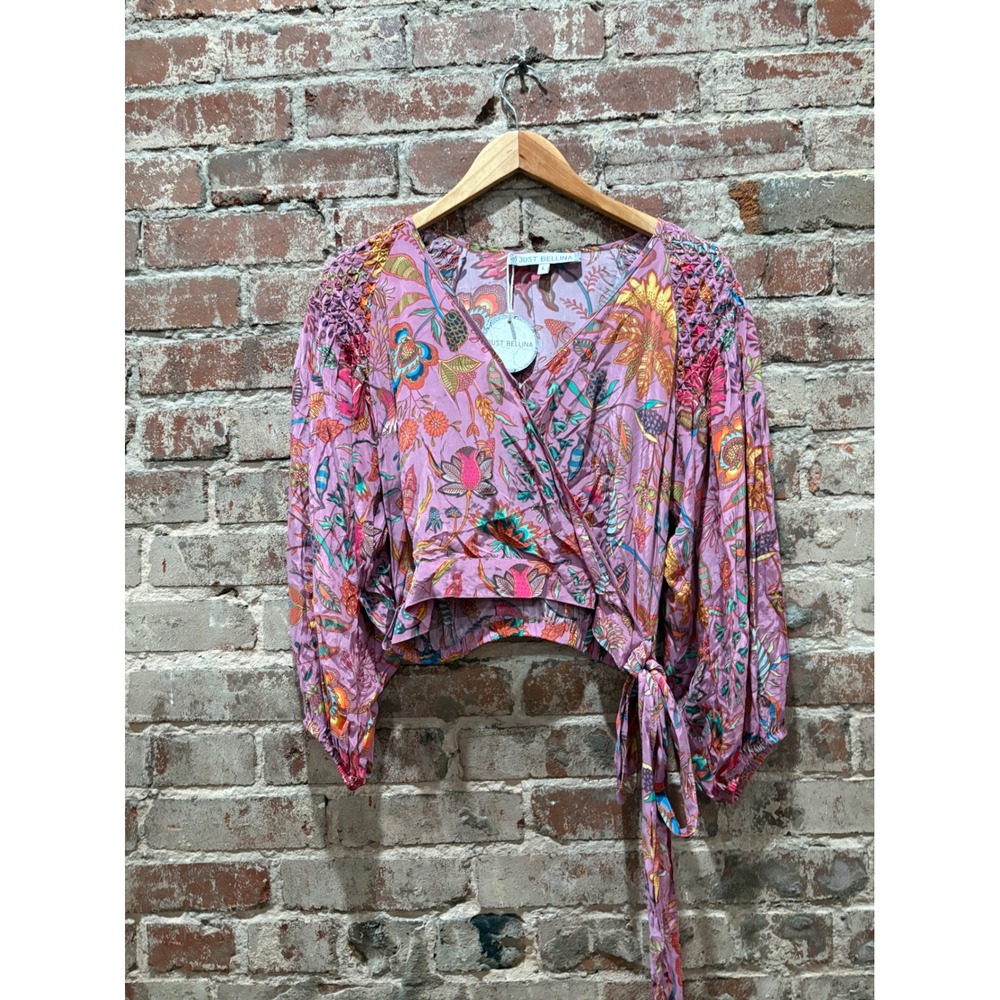 Just Bellina Floral‎ Wrap Crop Top Purple Large NWT